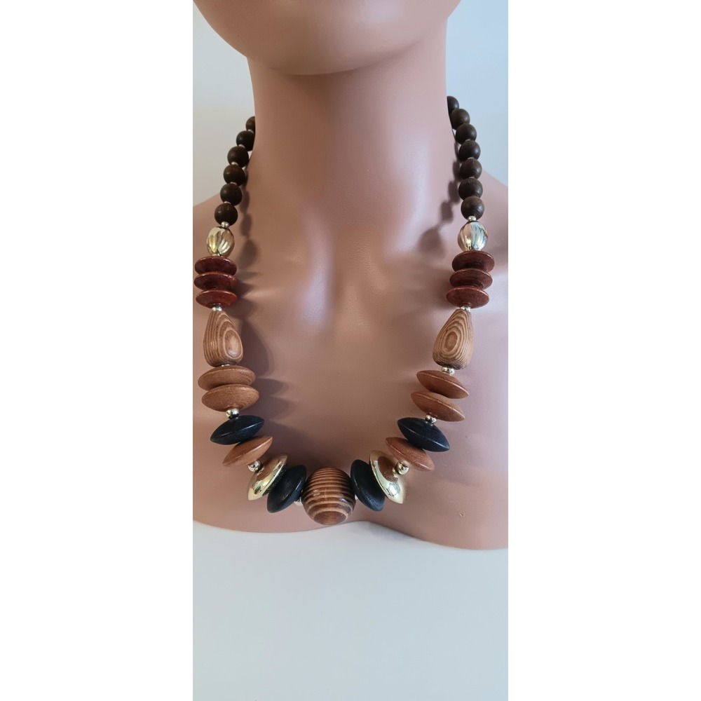 Chunky Fashion Jewelry gold coated spacers Brown Beaded wooden necklace 11" long - Picture 7 of 7